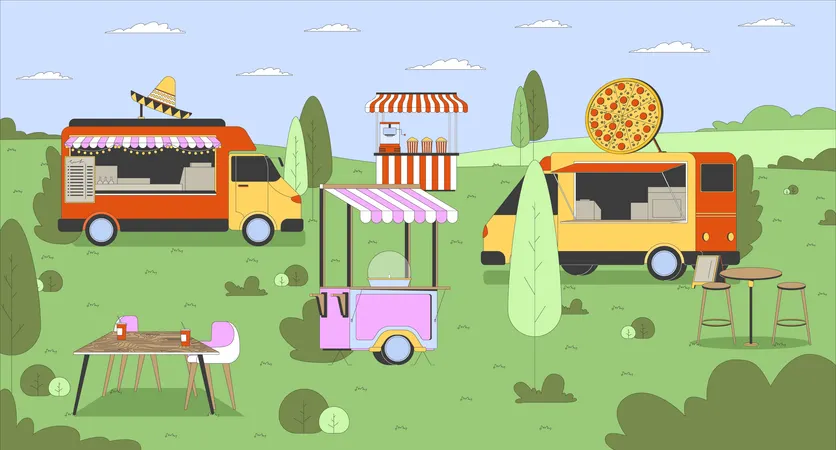 Empty outdoor food truck festival with colorful stalls  Illustration