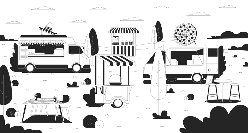 Empty outdoor food truck festival with striped stalls  Illustration