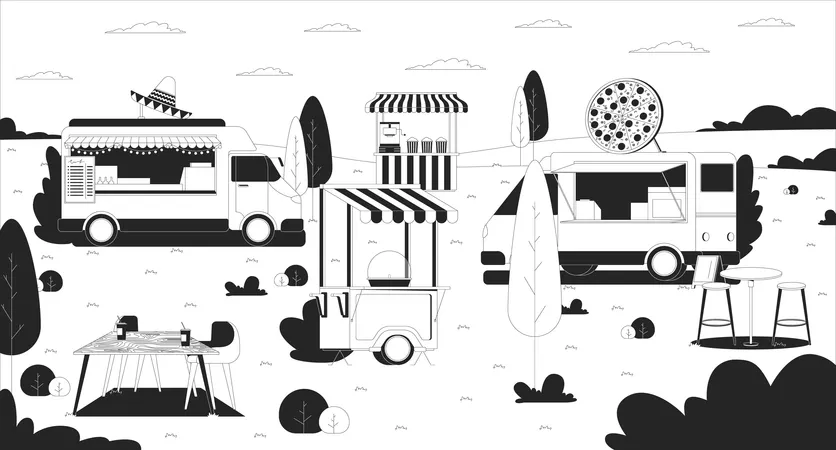 Empty outdoor food truck festival with striped stalls  Illustration
