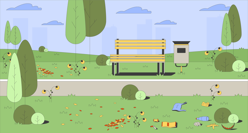 Empty park scene with wooden bench  Illustration