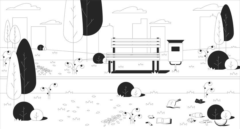 Empty park scene with wooden bench, trash bin and scattered litter  Illustration