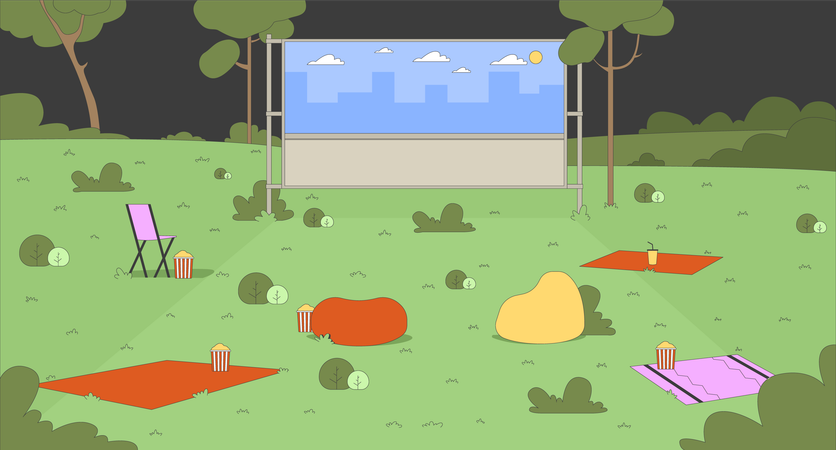 Empty park setup with outdoor movie screen and seating  Illustration