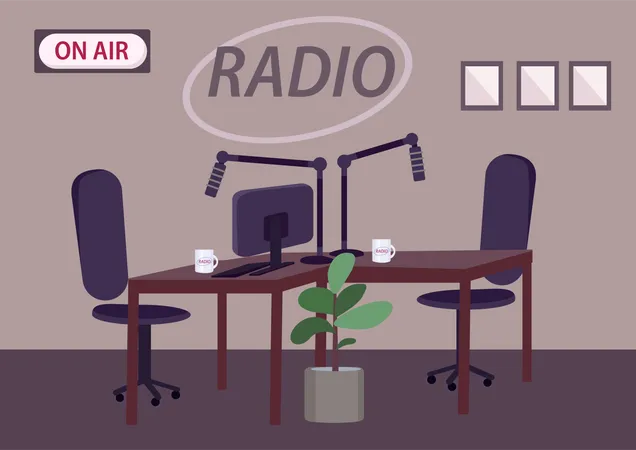 Empty Radio Studio Flat Color Vector Illustration Professional Radio Station Room 2 D Cartoon Interior With On Air Sign On Background Podcast Production Place With Tables And Microphones Illustration