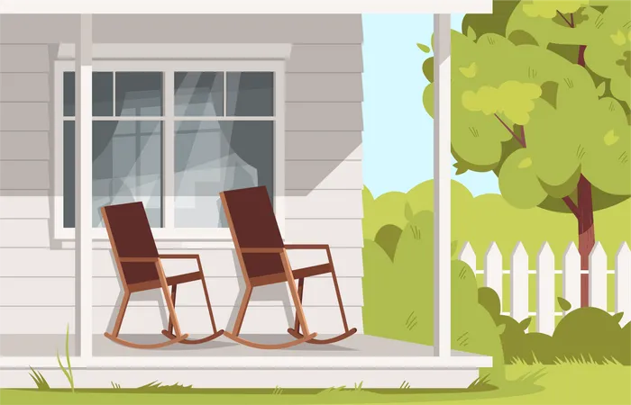 Empty Rocking Chairs At Farmhouse Illustration