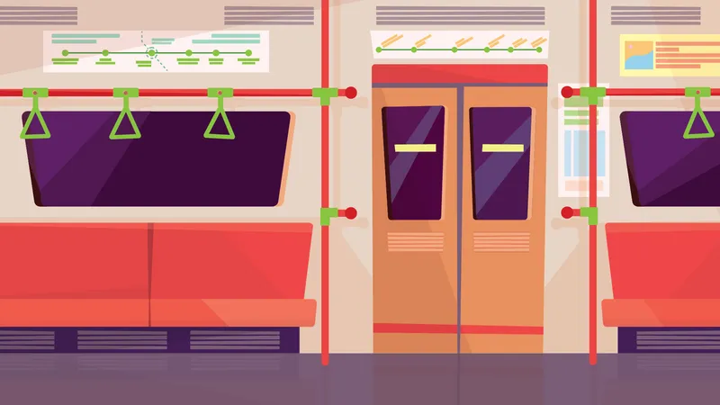 Empty Subway Car Interior Banner In Flat Cartoon Design Seats And Handrails In Underground Carriage Modern Public Urban Transport Infrastructure Concept Vector Illustration Of Web Background Illustration