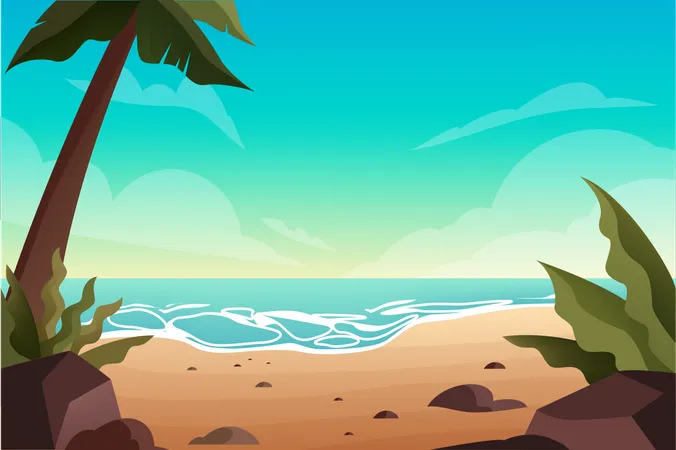 Empty Tropical Beach With Palms Ocean Landscape Summer Vacation On Tropical Island Isolated Vector Illustration In Cartoon Style Illustration