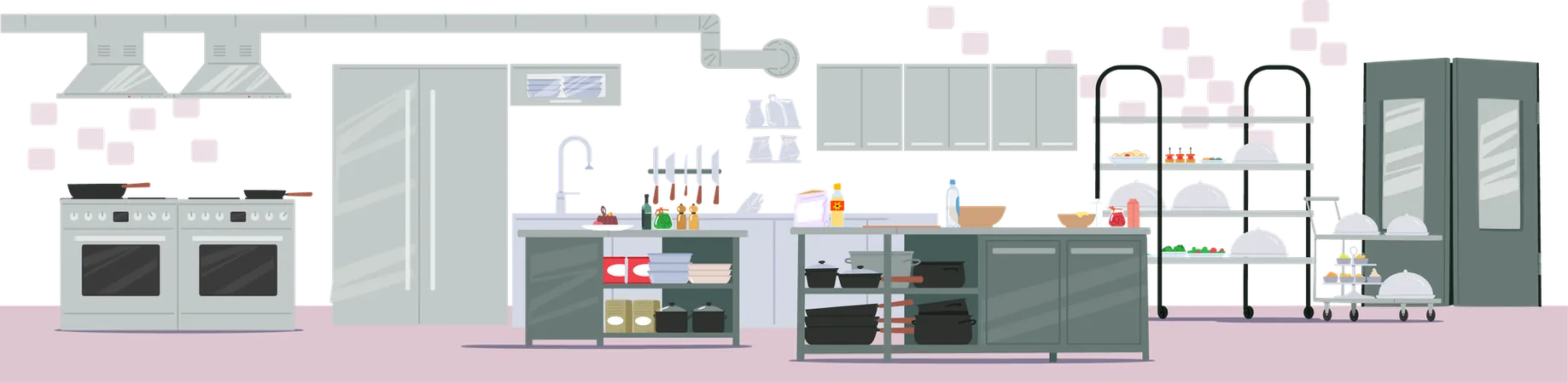 Empty well-equipped restaurant kitchen interior with oven  Illustration