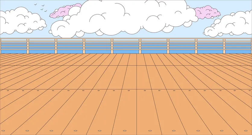 Empty Wooden Pier Cartoon Flat Illustration Place To Rest City Embankment With Spacious Ground 2 D Line Landscape Colorful Background Waterfront On Sea Coast Scene Vector Storytelling Image Illustration