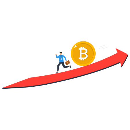 Empurrar o Bitcoin evita que o preço caia, risco de criptomoeda, flutuação ou volatilidade, crise de criptografia ou conceito de vendas de pânico  Ilustração