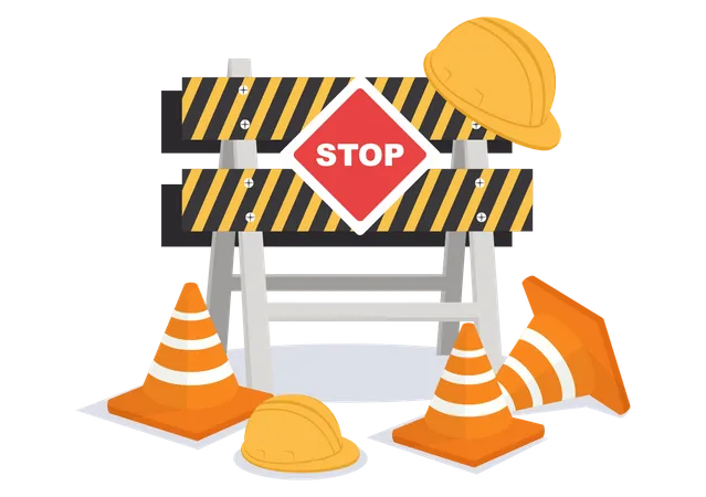 En Construction Avec Le Symbole Worker Hold Stop Ou Road Sign Tape Warning Cone Site Barrier Illustration De Dessin Anime Plat De Vecteur De Fond Illustration