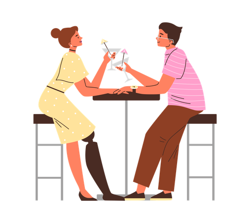 Enamored couple at table drink cocktail while woman with prosthetic leg  Illustration