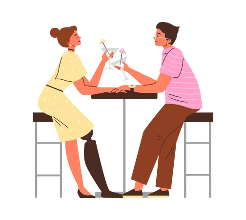 Enamored couple at table drink cocktail while woman with prosthetic leg  Illustration