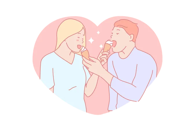 Enamored couple with ice cream cones,  Illustration