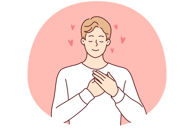 Enamored man puts hands on chest and closes eyes remembering girlfriend  Illustration