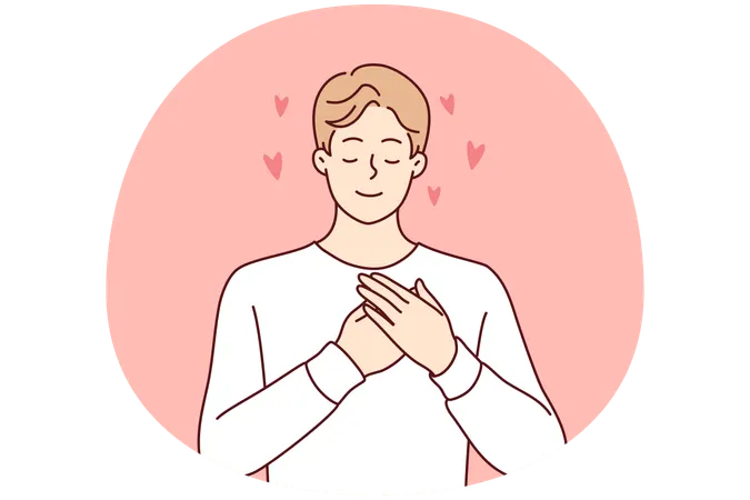 Enamored man puts hands on chest and closes eyes remembering girlfriend  Illustration