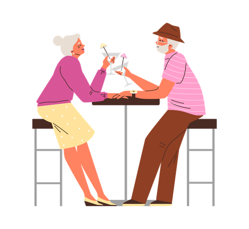 Enamoured old couple at restaurant table drink cocktail  Illustration