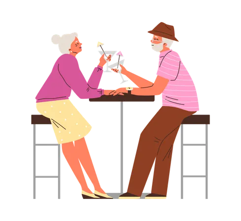 Enamoured old couple at restaurant table drink cocktail  Illustration