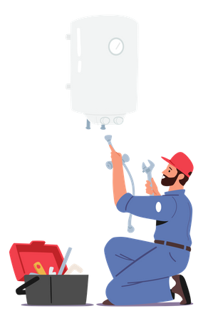 Encanador resolvendo o problema com o aquecedor de água  Ilustração