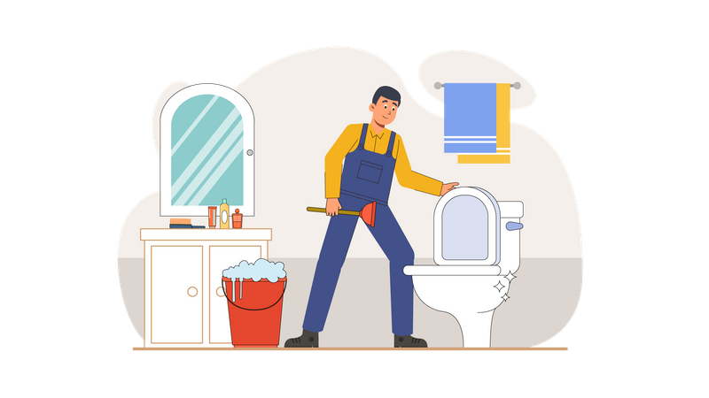Encanador limpando banheiro  Ilustração