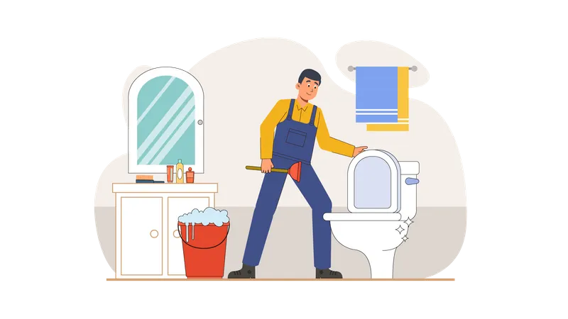 Encanador limpando banheiro  Ilustração