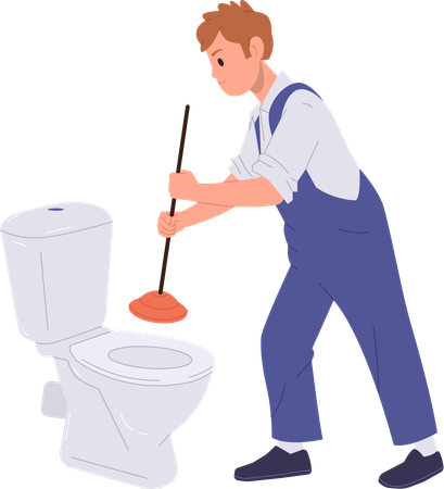 Personagem de trabalhador encanador em uniforme limpando o bloqueio do banheiro com equipamento  Ilustração