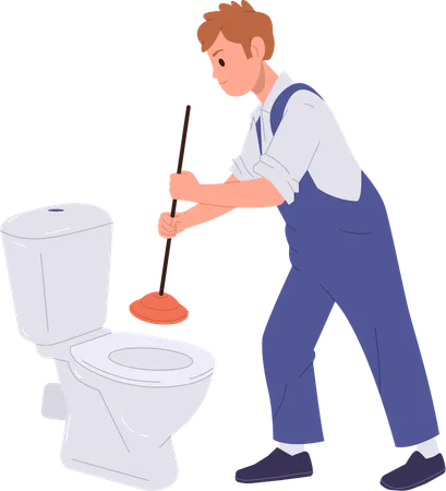 Personagem de trabalhador encanador em uniforme limpando o bloqueio do banheiro com equipamento  Ilustração