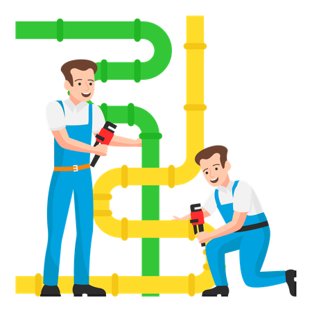 Encanadores inspecionando os canos de água para encontrar o problema  Ilustração