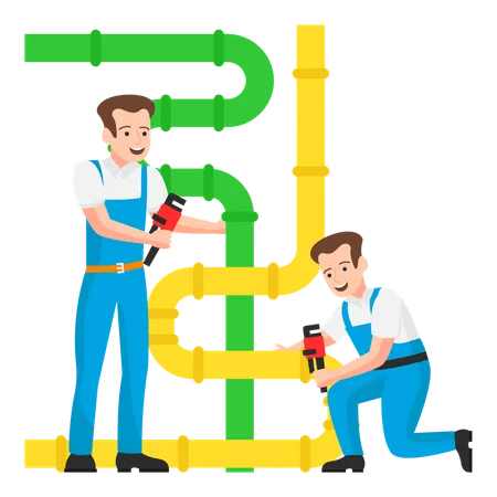 Encanadores inspecionando os canos de água para encontrar o problema  Ilustração