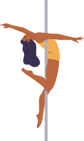 Mulher atlética forte e encantadora dançando no poste realizando exercícios complexos  Ilustração