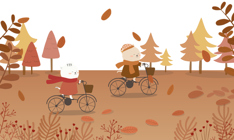 Encantadora pareja de gatos montando en bicicleta  Ilustración