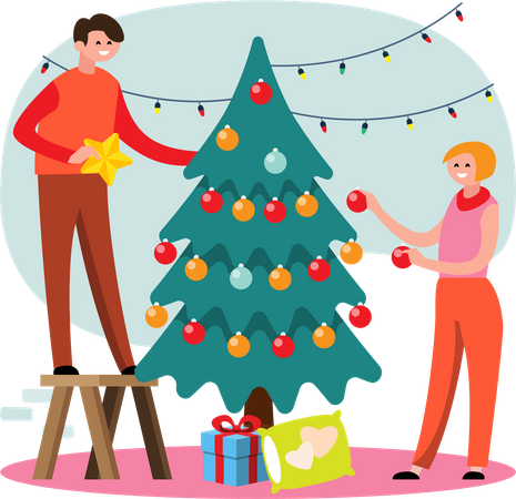 Encantadora pareja decorando el árbol de Navidad  Ilustración