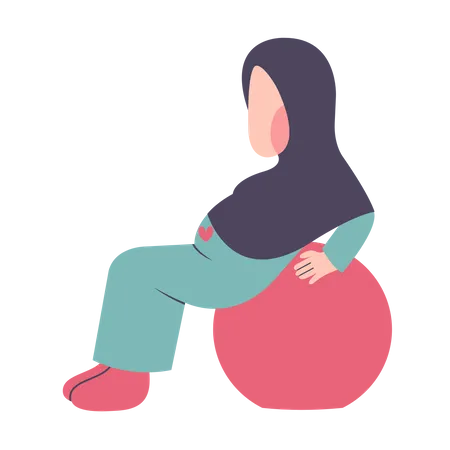 Mère Hijab Enceinte Exerçant Sur Un Ballon De Fitness  Illustration