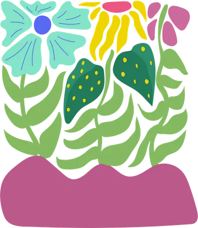 An Enchanting Floral Arrangement With A Mythical Touch Featuring Blue And Pink Flowers Amid A Whimsical Arrangement Of Green Leaves And Yellow Sun Accents This Vibrant Piece Blends Abstract And Naturalistic Elements Illustration