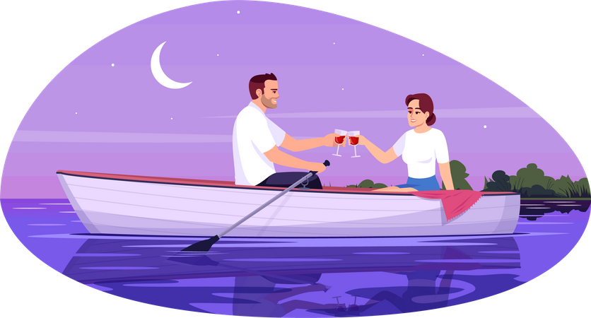 Encontro romântico de jovem casal no barco  Ilustração