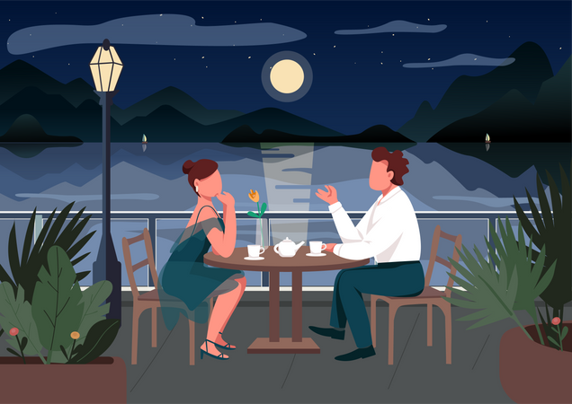 Encontro romântico em cidade turística à beira-mar  Ilustração