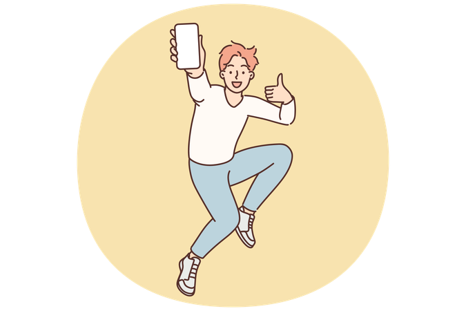 Encouraged man jumps up with mobile phone in hands showing blank screen gadget and shows thumbs up  Illustration
