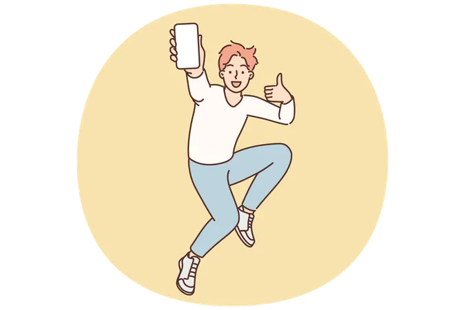 Encouraged man jumps up with mobile phone in hands showing blank screen gadget and shows thumbs up  Illustration