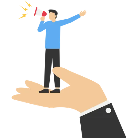 Concept Of Encouraging Employee To Speak Giant Hand Helping Employee Businessman Speaking Into Megaphone Talk Or Discuss To Solve Business Problems And Listen To Feedback Or Opinion Concepts Illustration