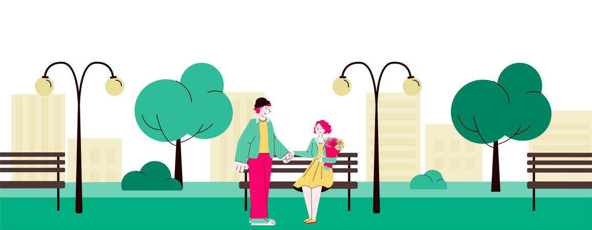 Encuentro de pareja amorosa en el parque de la ciudad  Ilustración