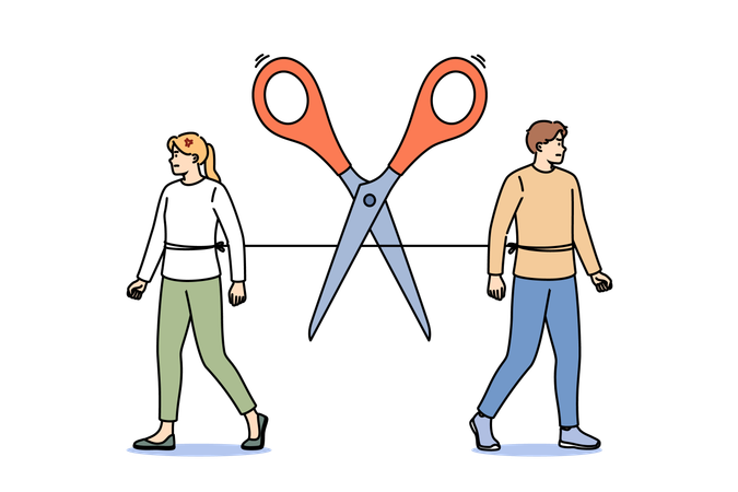 End of romantic relationship man and woman located near with scissors cutting connection  Illustration