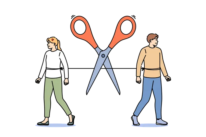 End of romantic relationship man and woman located near with scissors cutting connection  Illustration