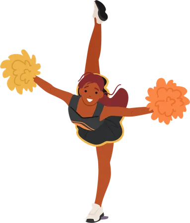 Energetic Black Cheerleader Girl Balancing On One Leg Waves Pompoms With Contagious Enthusiasm Radiant Smile Precise Moves And Dynamic Spirit Embody The Essence Of Team Support And School Pride Illustration