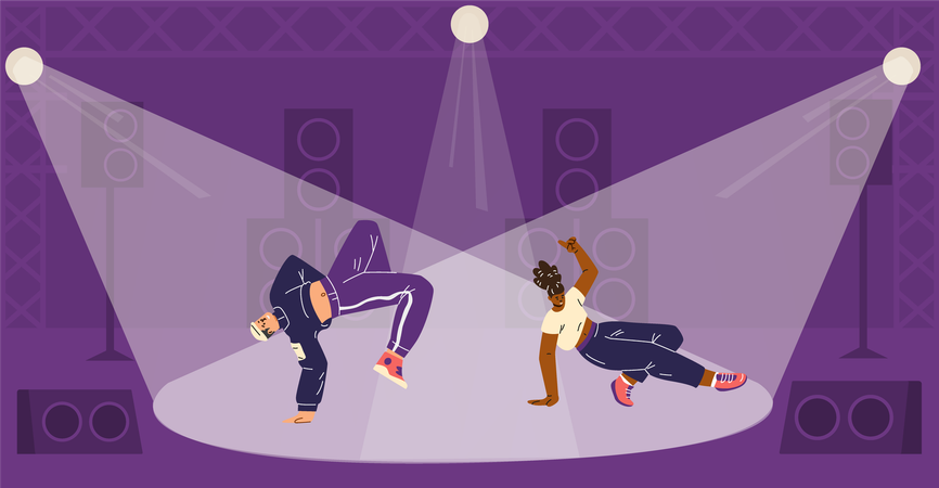 Energetic breakdance battle of dancers with loud music and spotlights  Illustration