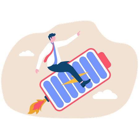 Energetic businessman propelling rocket full of energy  Illustration