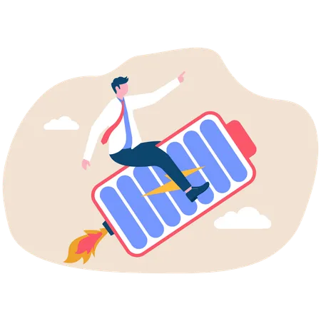 Energetic businessman propelling rocket full of energy  Illustration