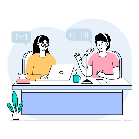 Energetic collaborative morning podcast shared over coffee  Illustration
