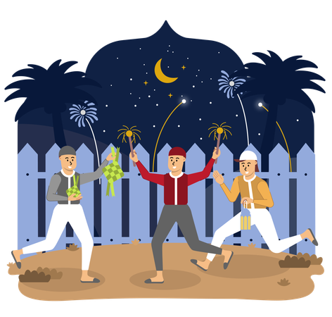 Energetic laughter fills air as children light up night sky with colorful fireworks, adding a touch of excitement and joy to their Ramadan celebrations  일러스트레이션