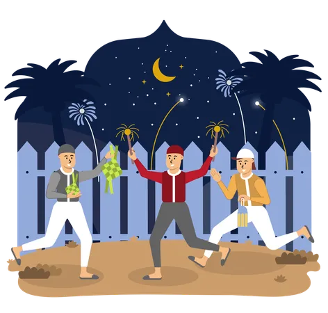 Energetic laughter fills air as children light up night sky with colorful fireworks, adding a touch of excitement and joy to their Ramadan celebrations  일러스트레이션