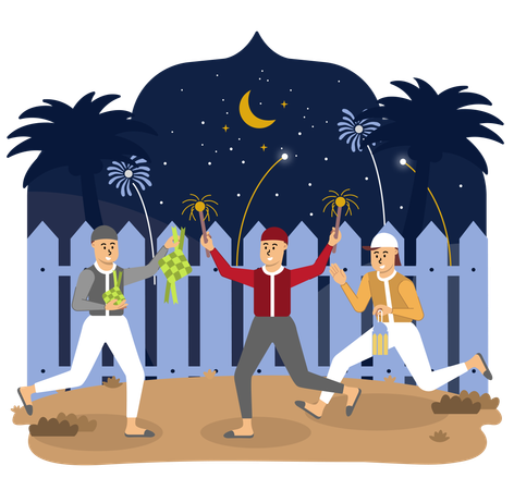 Energetic laughter fills air as children light up night sky with colorful fireworks, adding a touch of excitement and joy to their Ramadan celebrations  イラスト