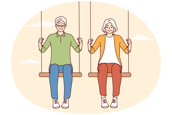 Energetic old couple sit on swings  Illustration